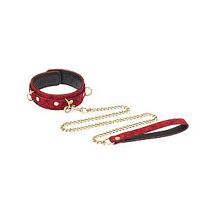 Liebe Seele Ukiyo-e Luxury Collar & Leash (Red Rosy), sexy kožený obojek s vodítkem